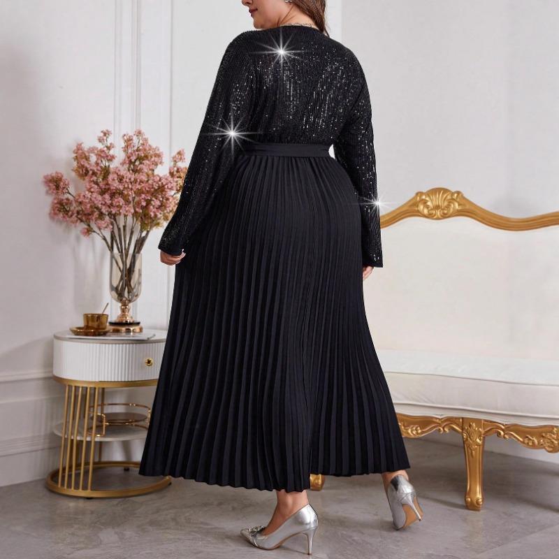Women Fashion Sequined Pleated V Neck Long Sleeve Waist Cinched A Line Long Dress