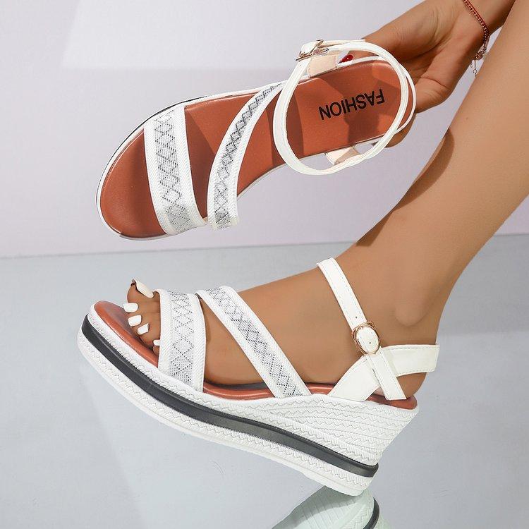 Large Size Women's Sandals 2025 Summer New Rhinestone Elastic Mouth Foot Cover Roman Shoes Platform High Heel Wedge Heel Sandals