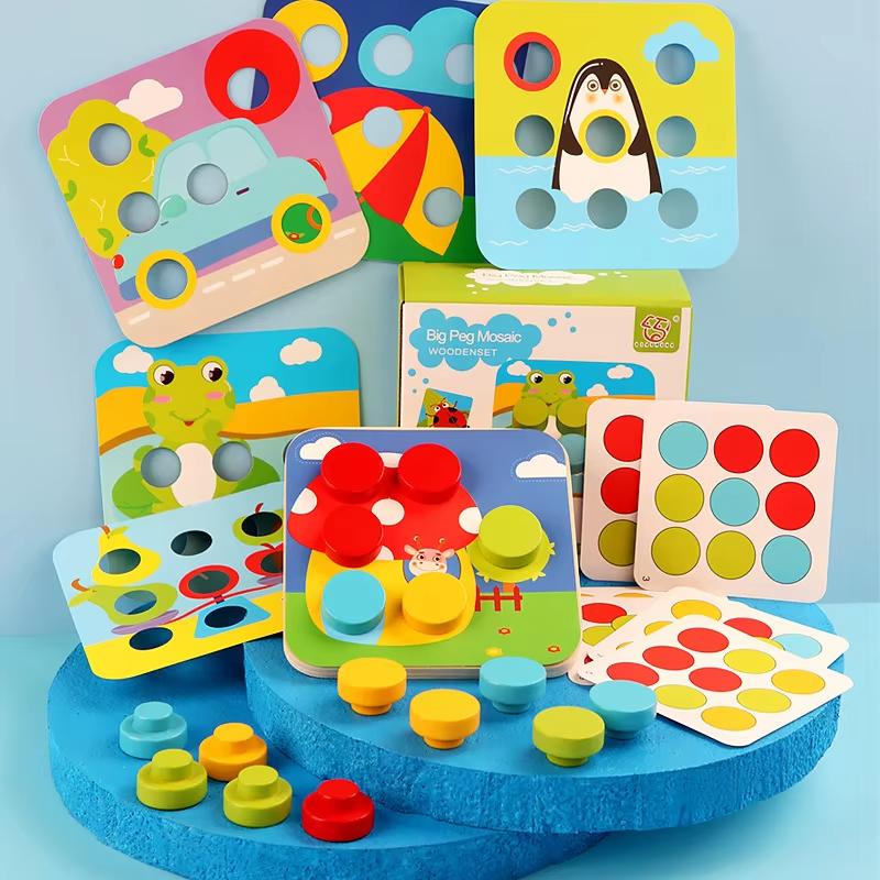 Mushroom Nail Art Puzzles Toy Kids Wooden Mosaic Pegboard Animal Color Matching Buttons Puzzles Game Montessori Educational Toys