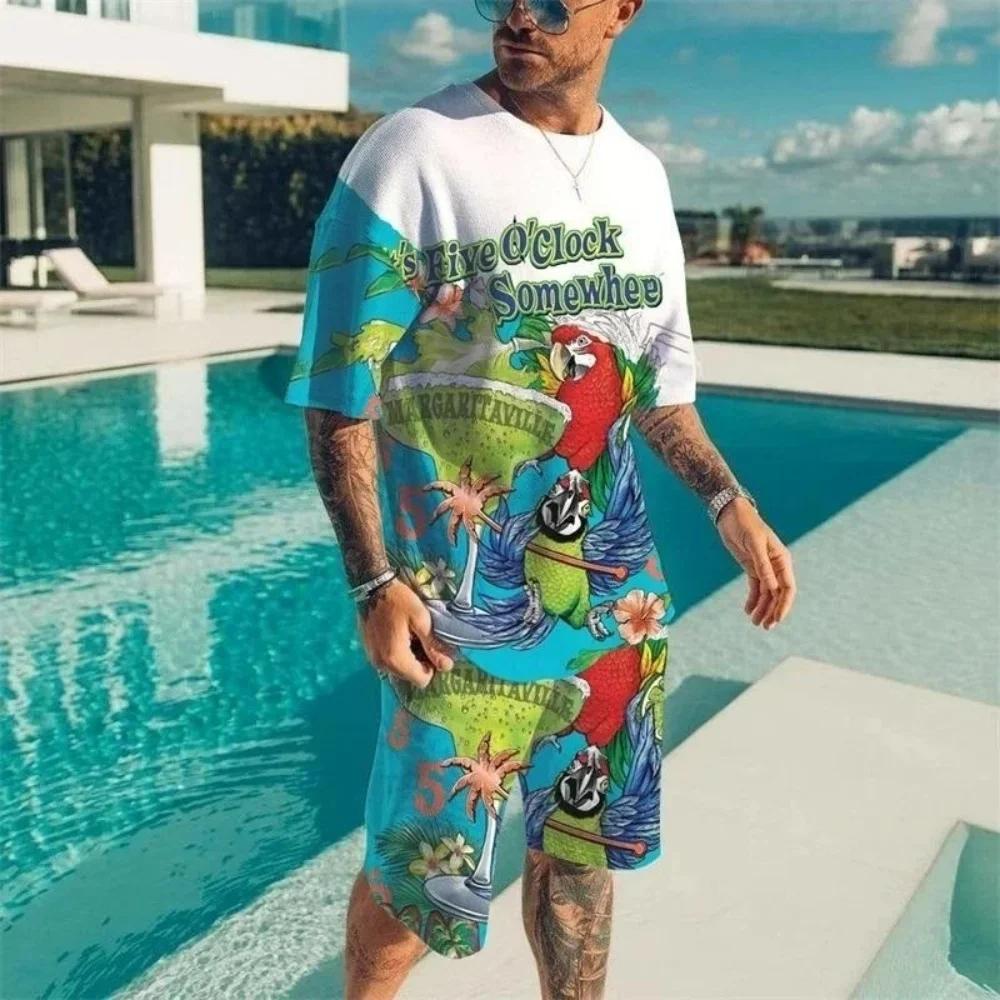 Men's Casual Sports Set Short Sleeve and Shorts Two-Piece Fashion Geometric Pattern Summer Daily Wear Comfortable Breathable
