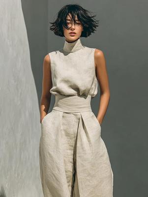 2026 Europe Spring Women's Solid Color Sleeveless Cotton Linen Top & Wide-Leg Pants