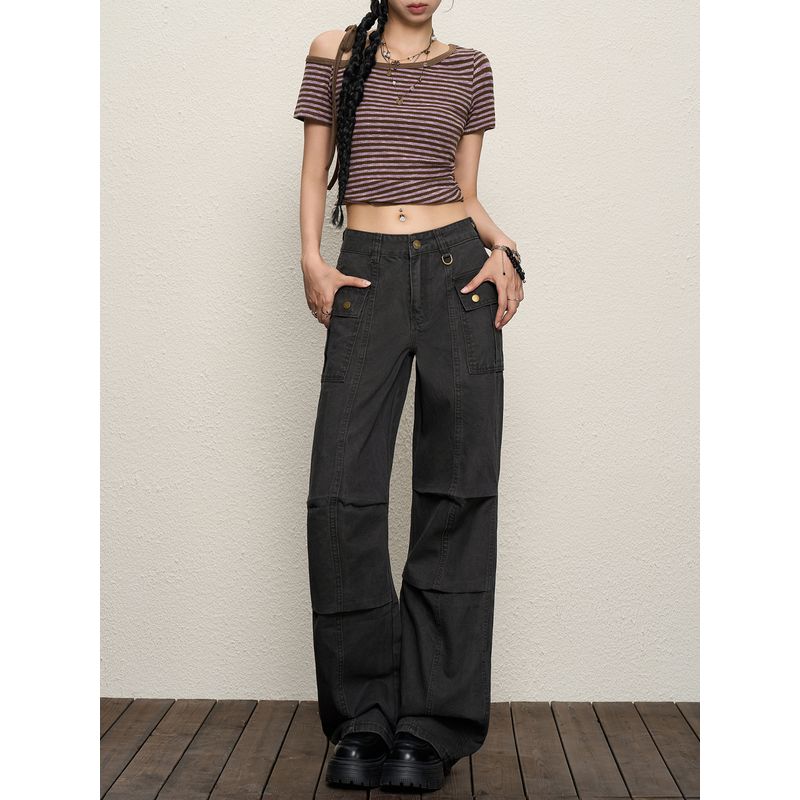 American-Style Small Light Cargo Pants Women's Summer 2025 New Arrival Large Pocket Ruched Summer Loose Feeling Wide-Leg Pants