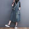 Sommer Plus Größe Mode Ärmellose Frauen Elegante Dame Lange Weste Gürtel Kleid Lose Kleidung Blau Oversize Denim Kleid
