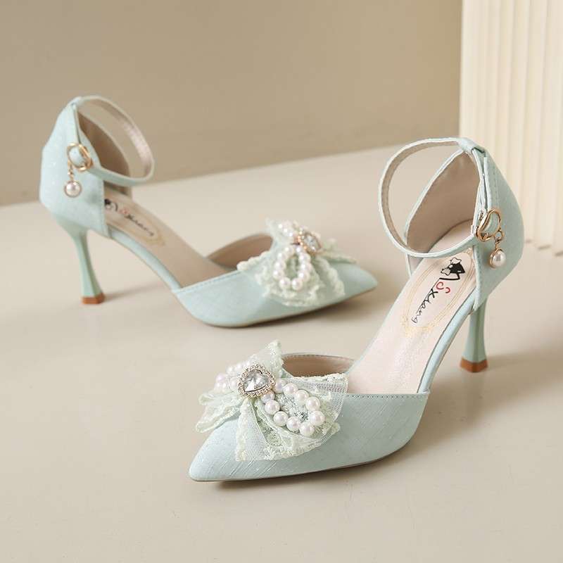 Fairy style bag head sandals female thin heel pointed high heels summer new pearl bow versatile hollow shoes
