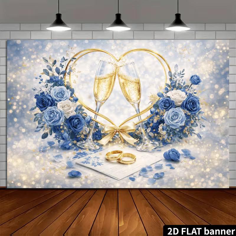 Fond de mariage en verre à champagne plat 2D, Fond floral bleu pour séance photo de mariage et fête