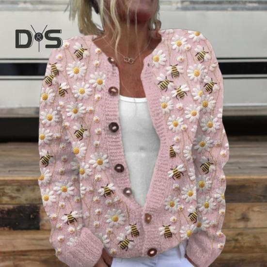 Damen Pullover Strickjacke Rundhals Langarm 3D Blumenmuster Button Up Strickjacke Verdickte warme Herbst Winter Tops