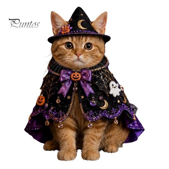 Cat Witch Hat Set Halloween Costume, Cute Ghost Cloak, Funny Pet Costume for Small Pets Festival Outfit, Kitty Cosplay Cape Holiday Party Accessories
