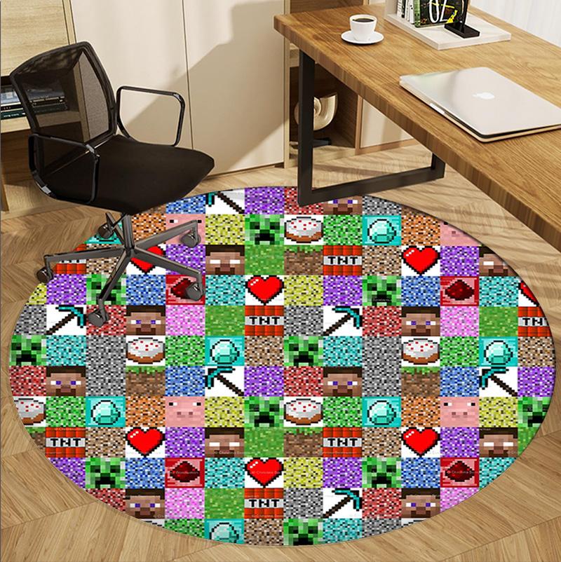 Sandbox game Pattern Round Rug, Indoor/Outdoor Mat, for Picnic, Gameroom, Bedroom, Office, Living Room, Home Decor Carpet, Birthday Gift