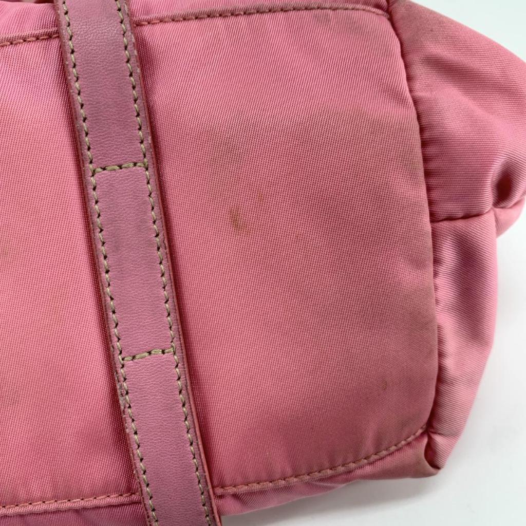 Prada Pocono Tessuto Nylon Ribbon Hand Tote Bag One Shoulder Strap Leather Pink Silver Hardware Triangle Logo Plate
