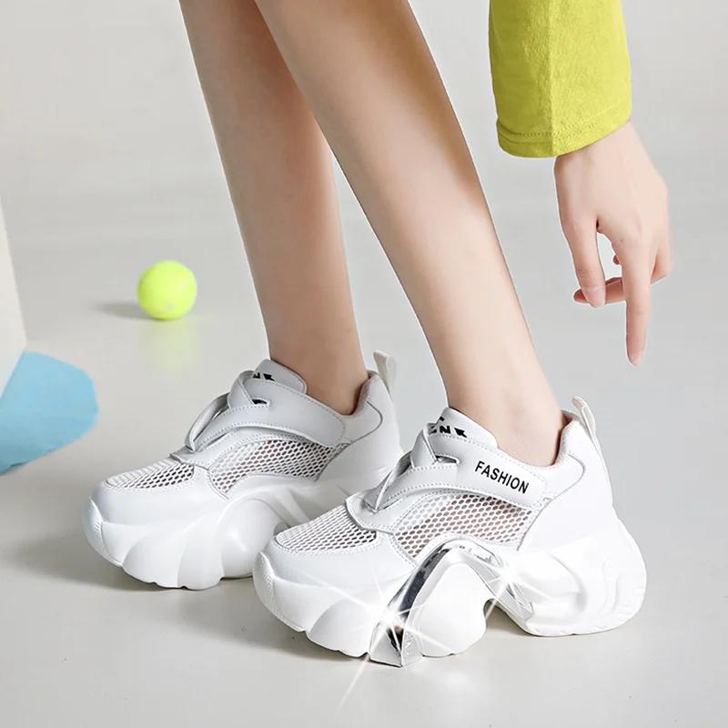Fashion Women High Platform Breathable Genuine Leather Shoes Lace-up Summer Chunky Sneakers 7.5CM Wedge Heels Woman Hollow Leisure Shoes