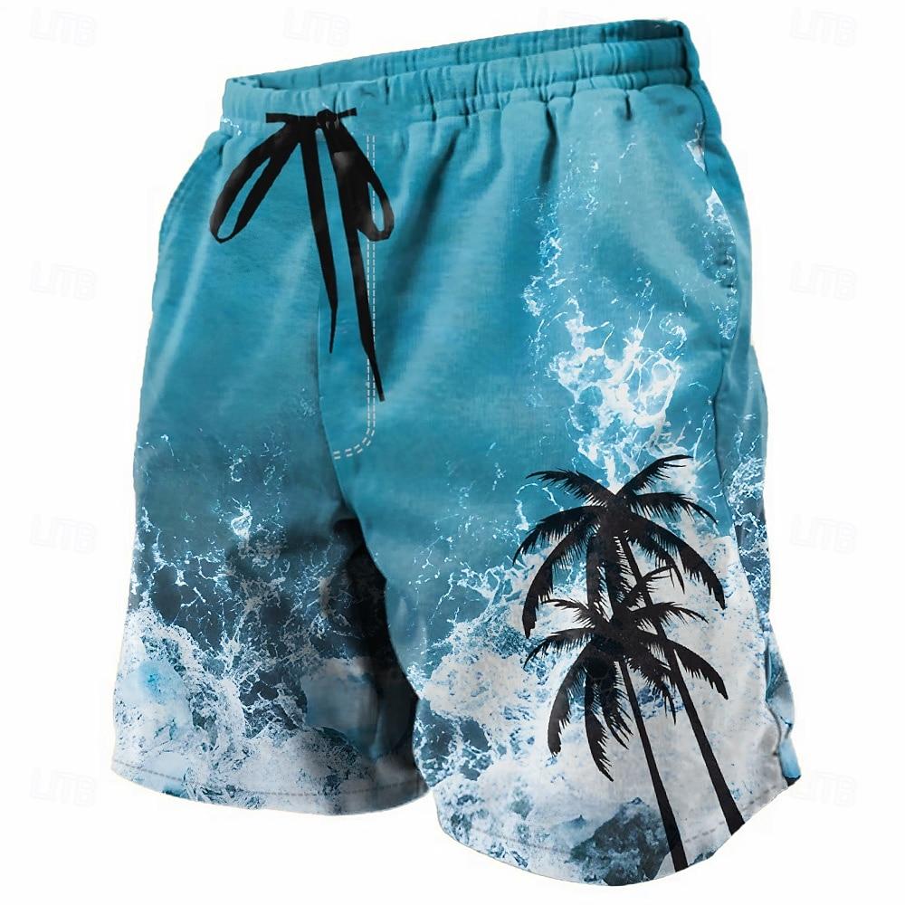 Men s Coconut Tree Waves Swim Shorts Board Shorts Swimming Trunks Mid Waist Tropical Streetwear Hawaiian Vacation Daily Holiday XL