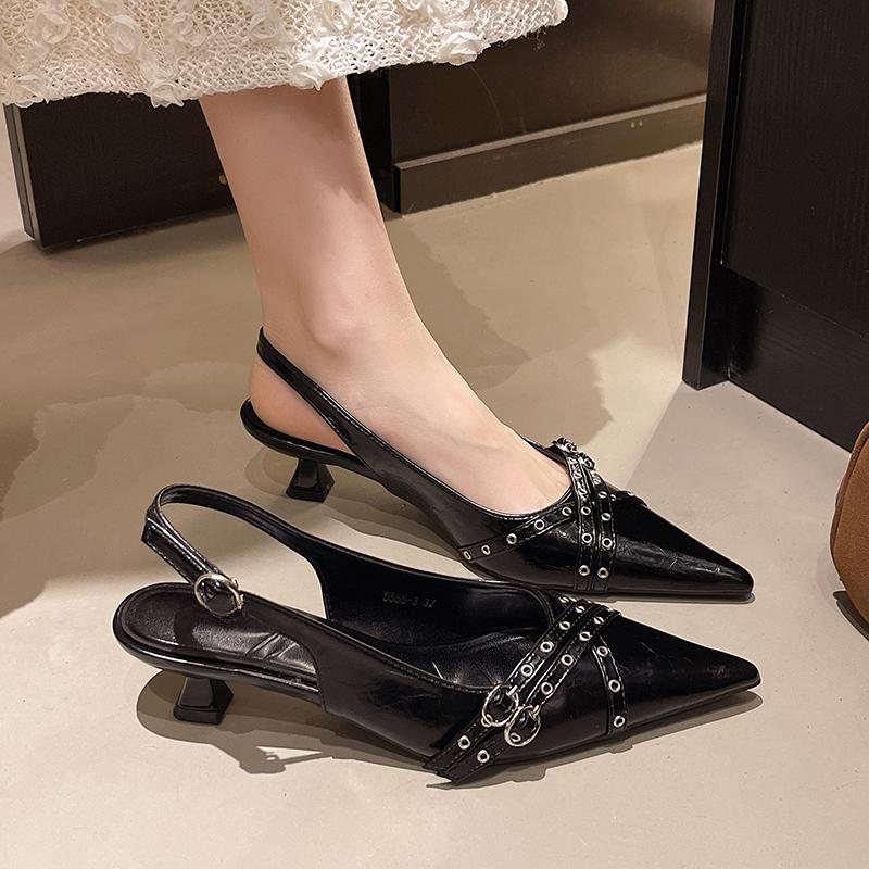 Fashion Fashion Point Shallow Mouth Fine Heel Sandals Summer New Bao Head Rivets Metal Buckle Anti-slip Wear-resistant Low Heel Shoes