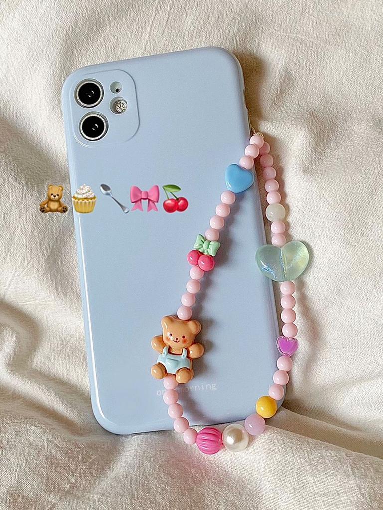 Cute Teddy Bear Mobile Phone Chain Original Design Fresh And Youthful Girl Heart Instagram Style Pink Cherry Heart Beading, Ni