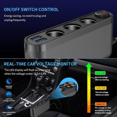 Extractme Adaptér do zapalovače cigaret do auta Splitter 120W QC3.0 USB Rychlá nabíječka 4portová zásuvka s automatickým voltmetrem