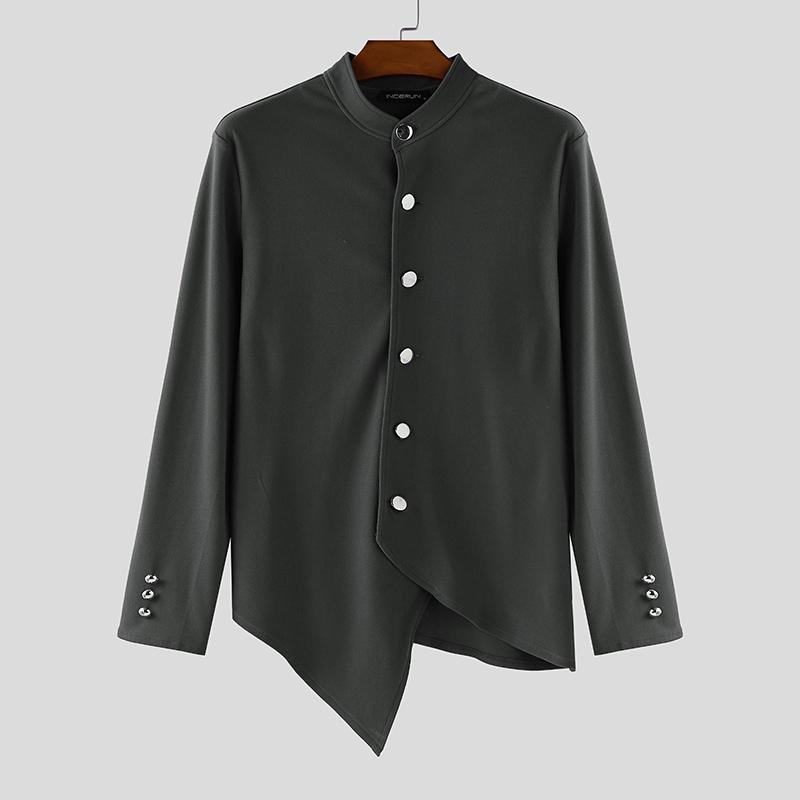 

INCERUN Мужские футболки с длинным рукавом, воротником-стойкой, пуговицами, нерегулярными разрезами, повседневные топы XL темно-серого