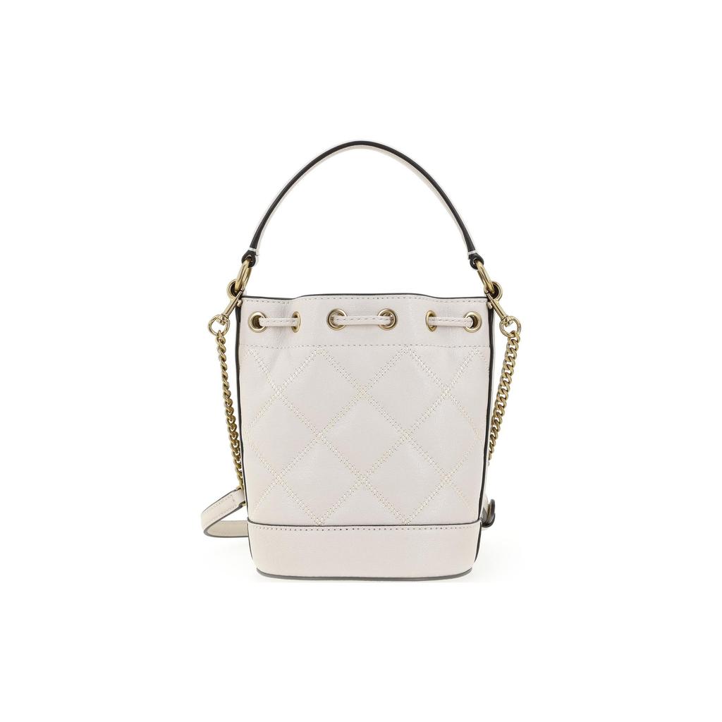 Tory Burch TB-Willa Metallic Double T Logo Diamond Quilted Drawstring Closure Detachable Chain Shoulder Strap Leather Bucket Bag Mini 148249-724