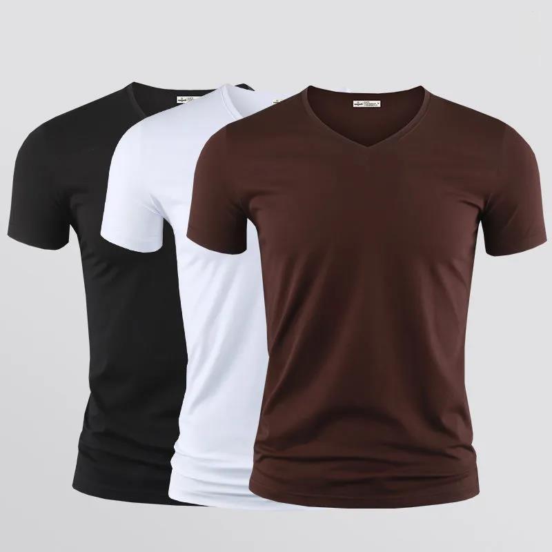 3 шт. футболка из модала, тонкая рубашка, однотонная повседневная тонкая футболка с v-образным вырезом и коротким рукавом, крутой пуловер из ледяного шелка, мужская одежда, летняя одежда L