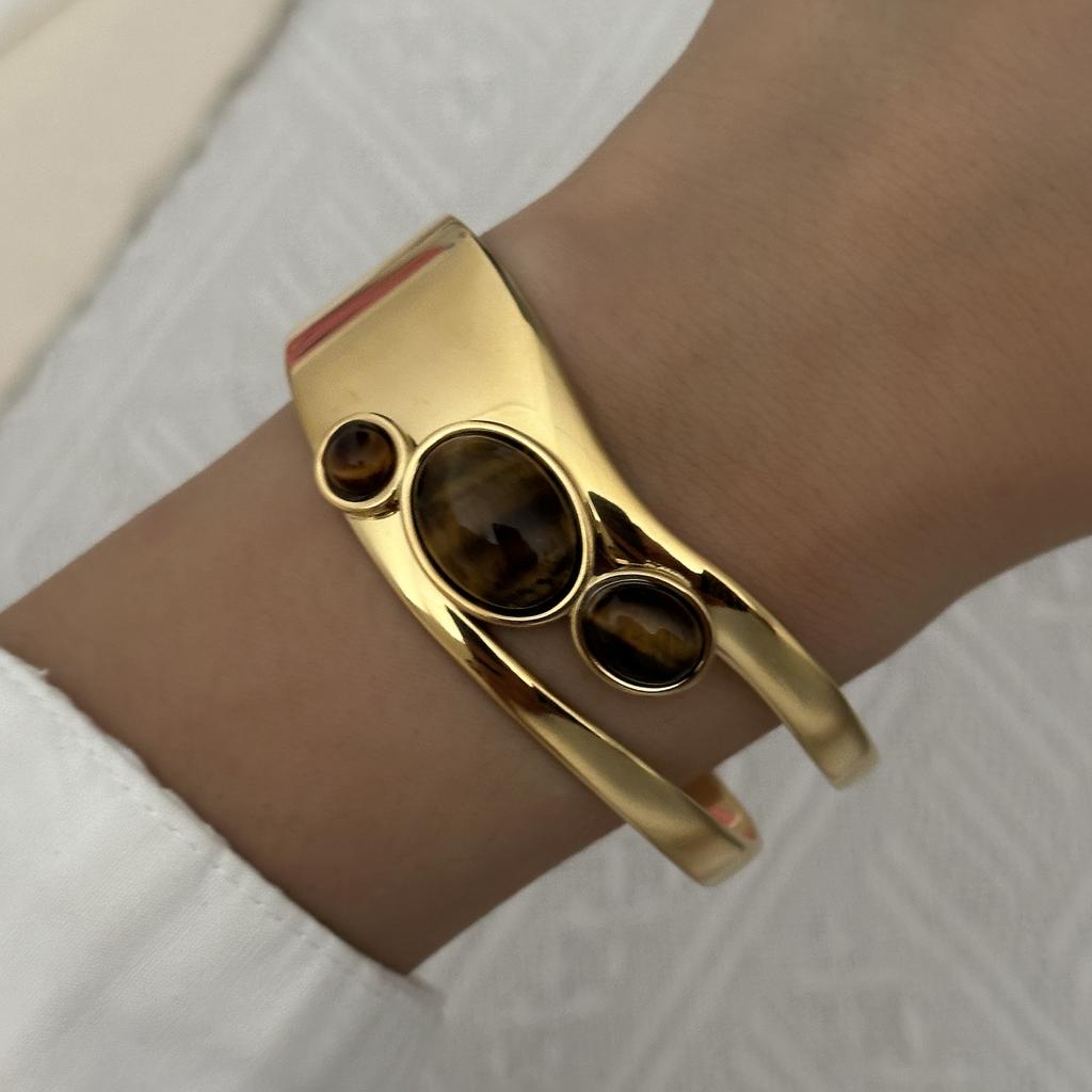 Exaggerated Retro Gold Plated Stainless Steel Bracelet for Women Men Natural Stone Smooth Hollow Bracelet Charms Jewelry Gifts