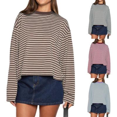 Damen Rundhals Langarm Gestreift Oversized Lässiges T-Shirt für Herbst Tägliche Kleidung