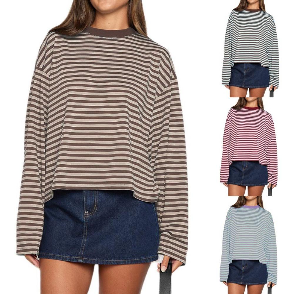 Women's Crew Neck Long Sleeve Striped Oversized Casual Tee Tee Shirt for Fall Daily Wear