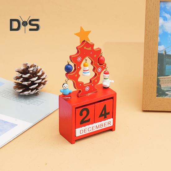 Christmas Wooden Desktop Calendar Santa Snowman Reindeer Tree Perpetual Calendar Wood Display Block Ornament for Home Office Decoration