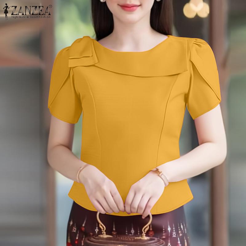 ZANZEA Damen Casual O-Ausschnitt Kurzarm Bluse mit Reißverschluss hinten