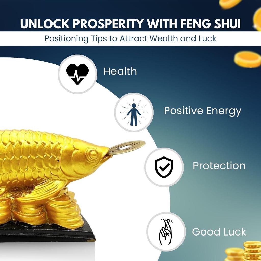 Feng Shui Golden Arowana Fish Statue Showpiece with Coin In Mouth Wealth Symbol, Protects Mishaps, Troubles Vastu Products Home & Office
