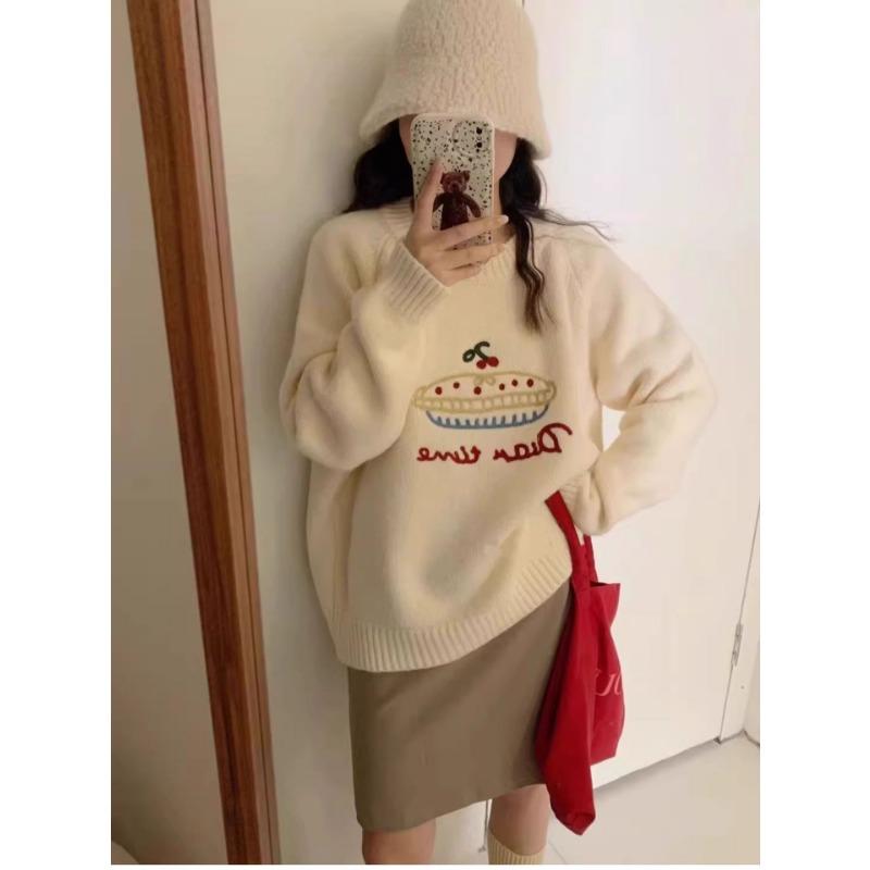 

Осень и зима жаккардовый свободный модный пуловер с круглым вырезом вязаный свитер женский мультяшный контрастного цвета уменьшающий возраст повседневный свитер One size