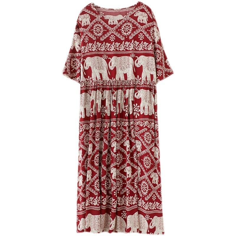 Real Shot Summer New Literary Large Size Loose Cotton Silk Printed Short-sleeved Dress Women's Long Dress