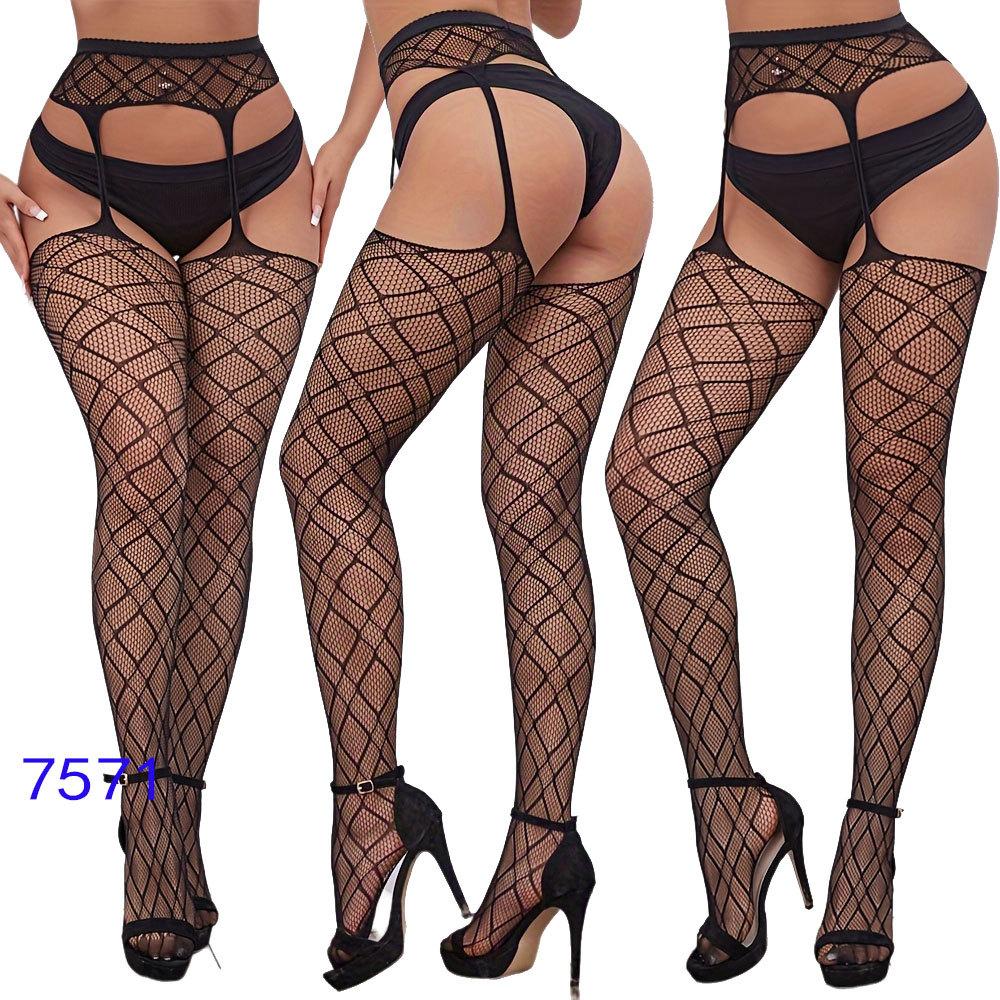 New style open crotch lace transparent suspender black silk sexy fishnet stockings non-slip one-piece suspender belt for women