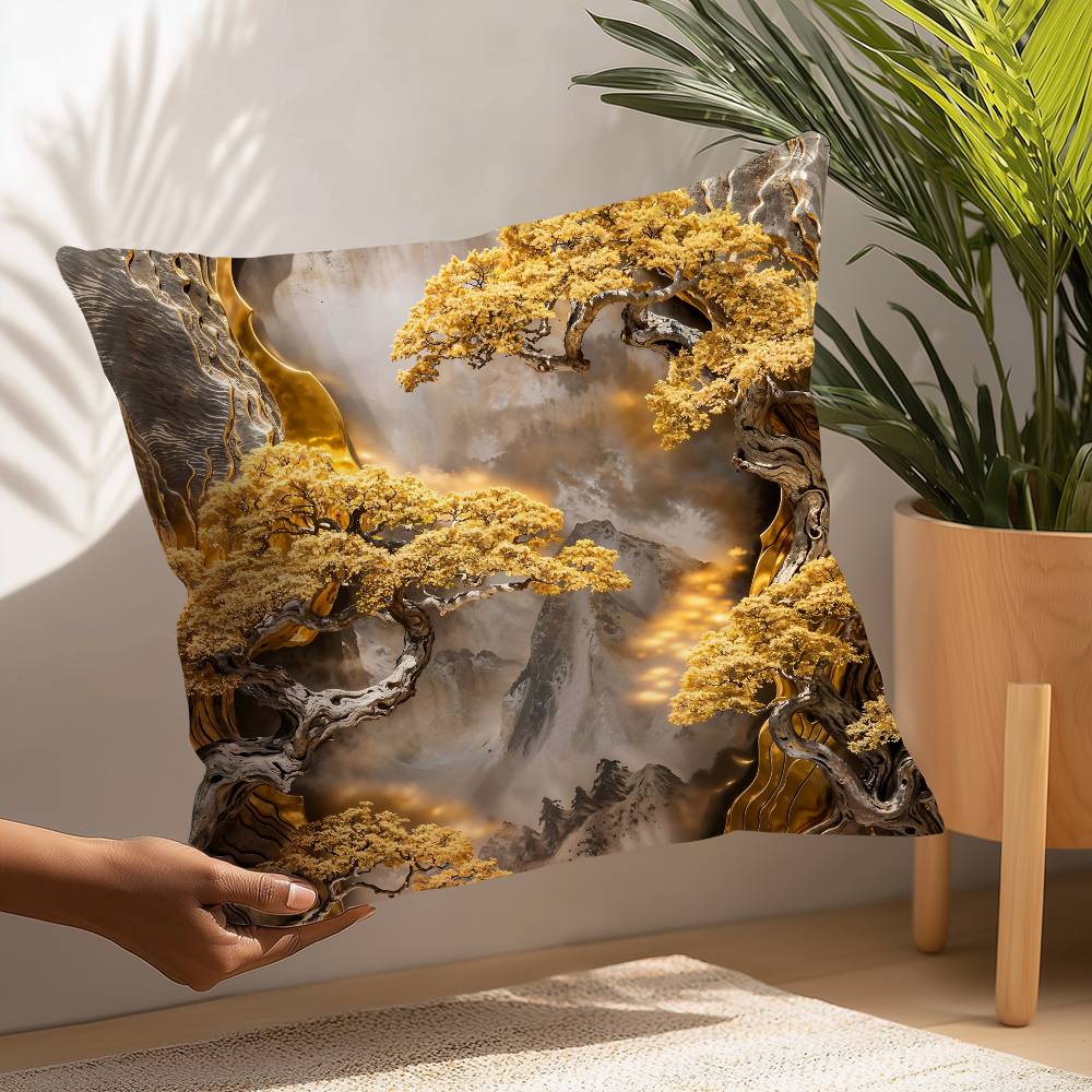 Golden Tree And Moon Abstract Painting Pillow Case Sofa Decorative Home Double-sided Printing Short Plush Cushion Pillow Cover