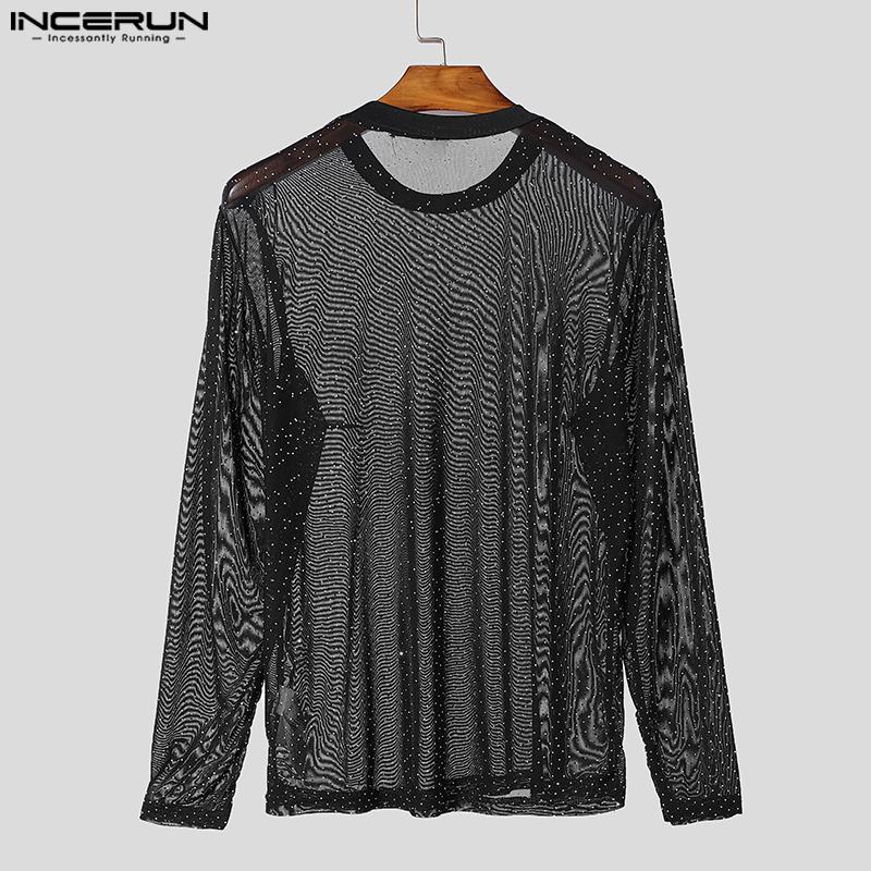 INCERUN Men Long Sleeve Mesh Sheer See Through Tops Skinny T-Shirts