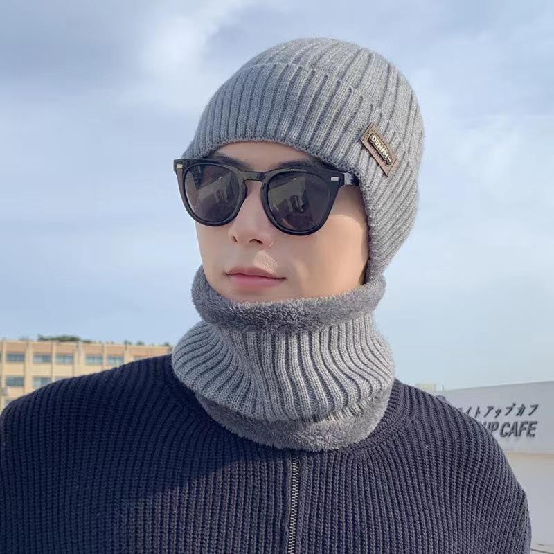 Knitted Hat, Autumn and Winter Men's Warm and Velvet Fashionable Woolen Hat New Versatile Ear Protection Hat  Scarf  Cold Protection Hat Thick Hat