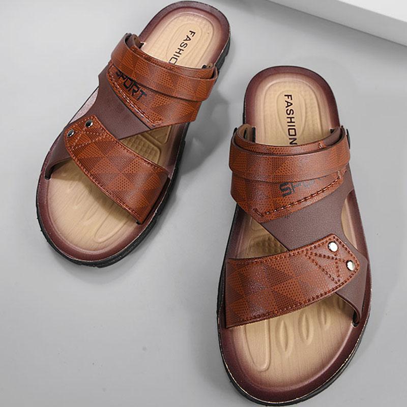 Leather Sandals for Men Summer Beach Shoes Men's Casual Slippers Non-slip Open-toe Sandals Shoes Male