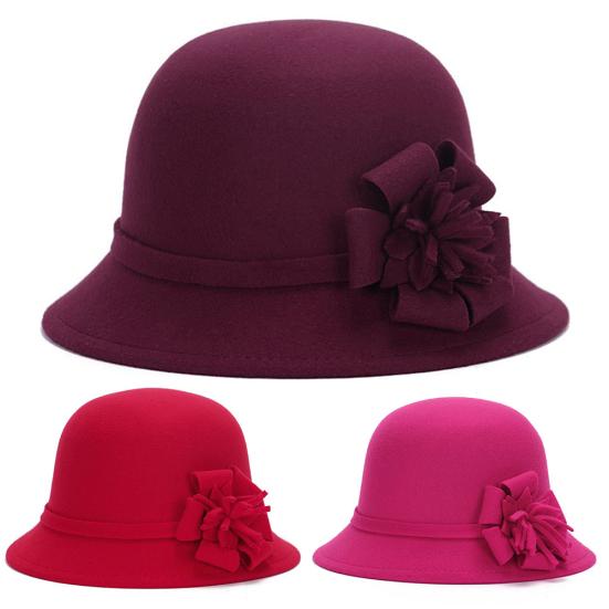 Women Retro Flower Bowler Hat Solid Color Cap for Party Prom Cocktail Travel