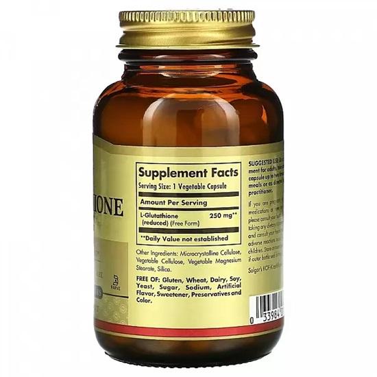Solgar Reduced L-Glutathione, Free Form, 250 Mg, 60 Vegetable Capsules