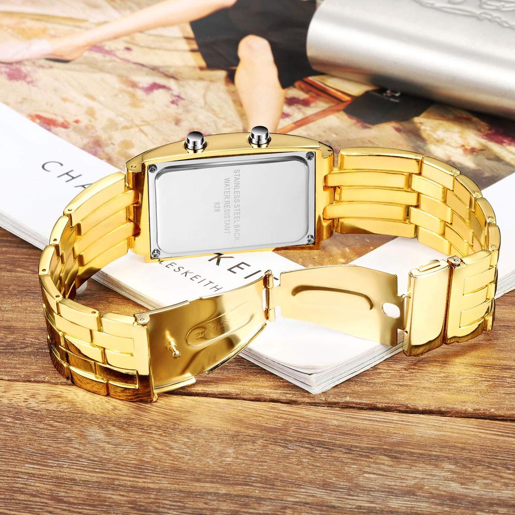 FANMIS Creative Binary Matrix Blue LED Digital Watch Fashion Classic Black Plated Waterproof LED Backlit Bracelet Men's Watch, Gold, Digital.