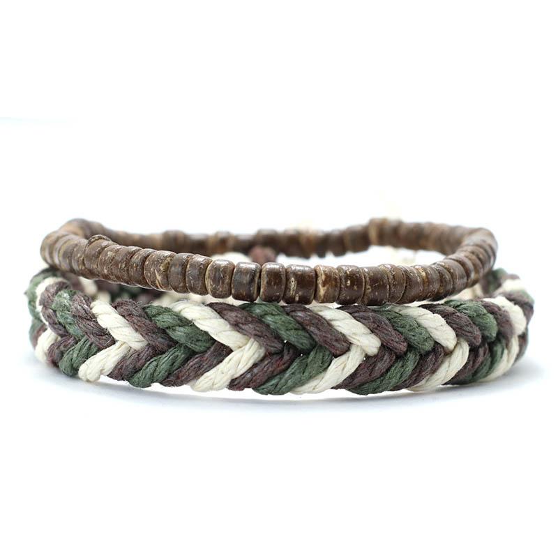 

2 шт. Винтажный этнический стиль, натуральные деревянные бусины, сложенные в плетеную ручную веревку, набор для браслета, мужской богемный парный браслет с бусинами 19.5cm/7.7inch коричневый