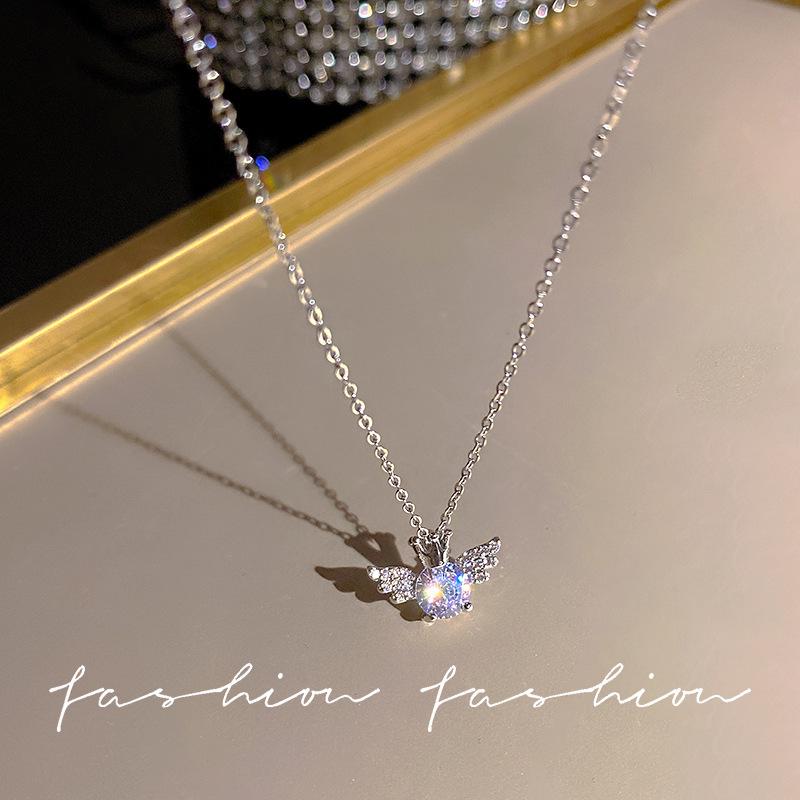 Exquisite S925 Sterling Silver Angel Wings Crown Pendant Necklace with Shiny Zircon and Rhinestones