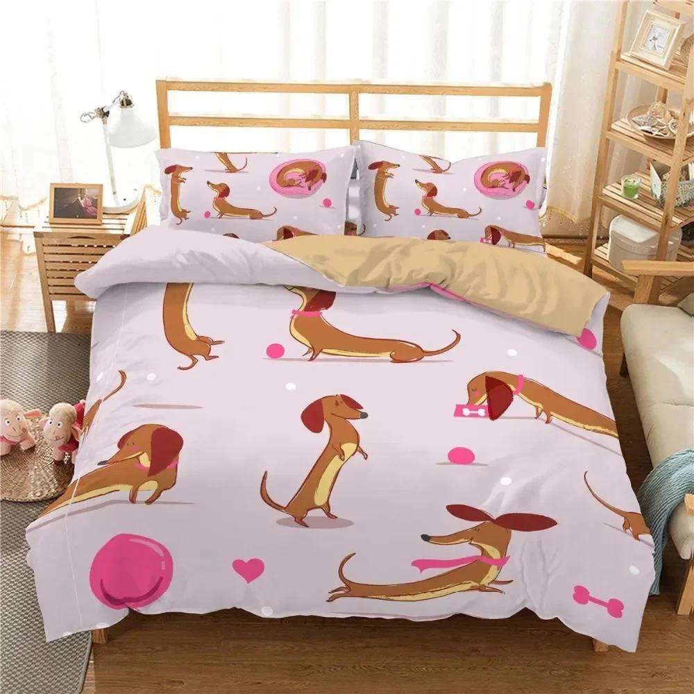 Cute Dachshund Sausage Dog Cartoon Puppy Animal 3D Duvet Cover Bedding Set Comforter Linen Pillowcases  Double Twin King Queen