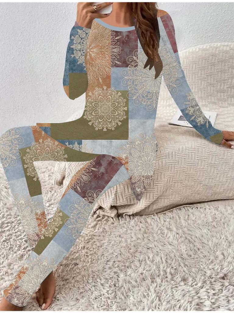 Euroamerikanische Mode 3D Retro bedrucktes Damen Vier-Jahreszeiten Langarm-T-Shirt + Lange Hose Zweiteiler. Perfektes Geschenk für Neujahr & Weihnachten