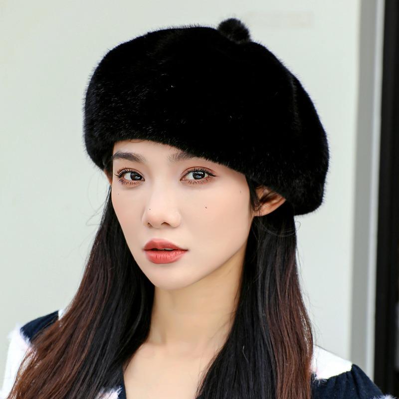 Big Head Circumference Black Beret Female Winter New Trendy Face Small Mink Hair Hat Octagonal Hat Cloud Hat Milliner