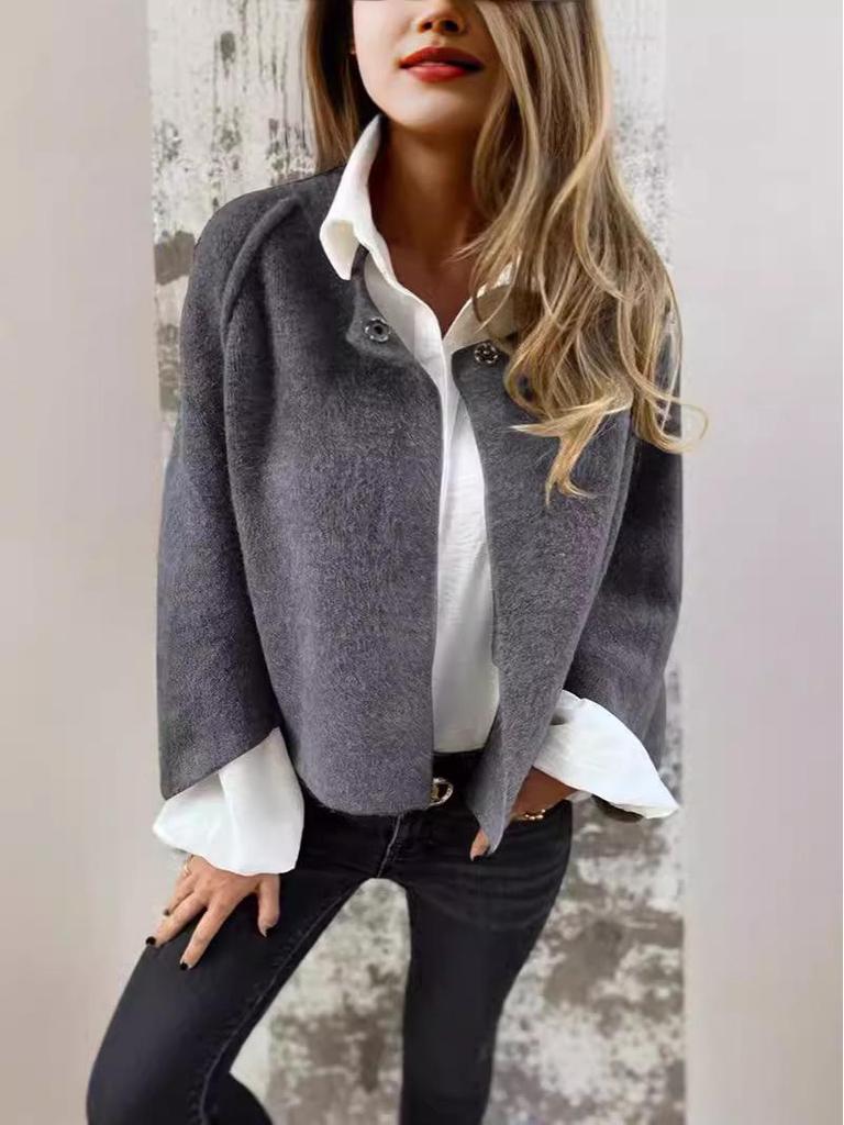 Dámský vlněný kabát z umělého kašmíru - Podzim/Zima, Volný krátký střih, Dlouhé rukávy