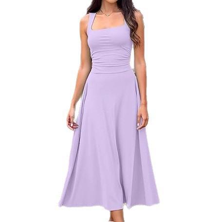 Spring and summer new European and American fashion square collar versatile sleeveless solid color basic dress women's comfortable
