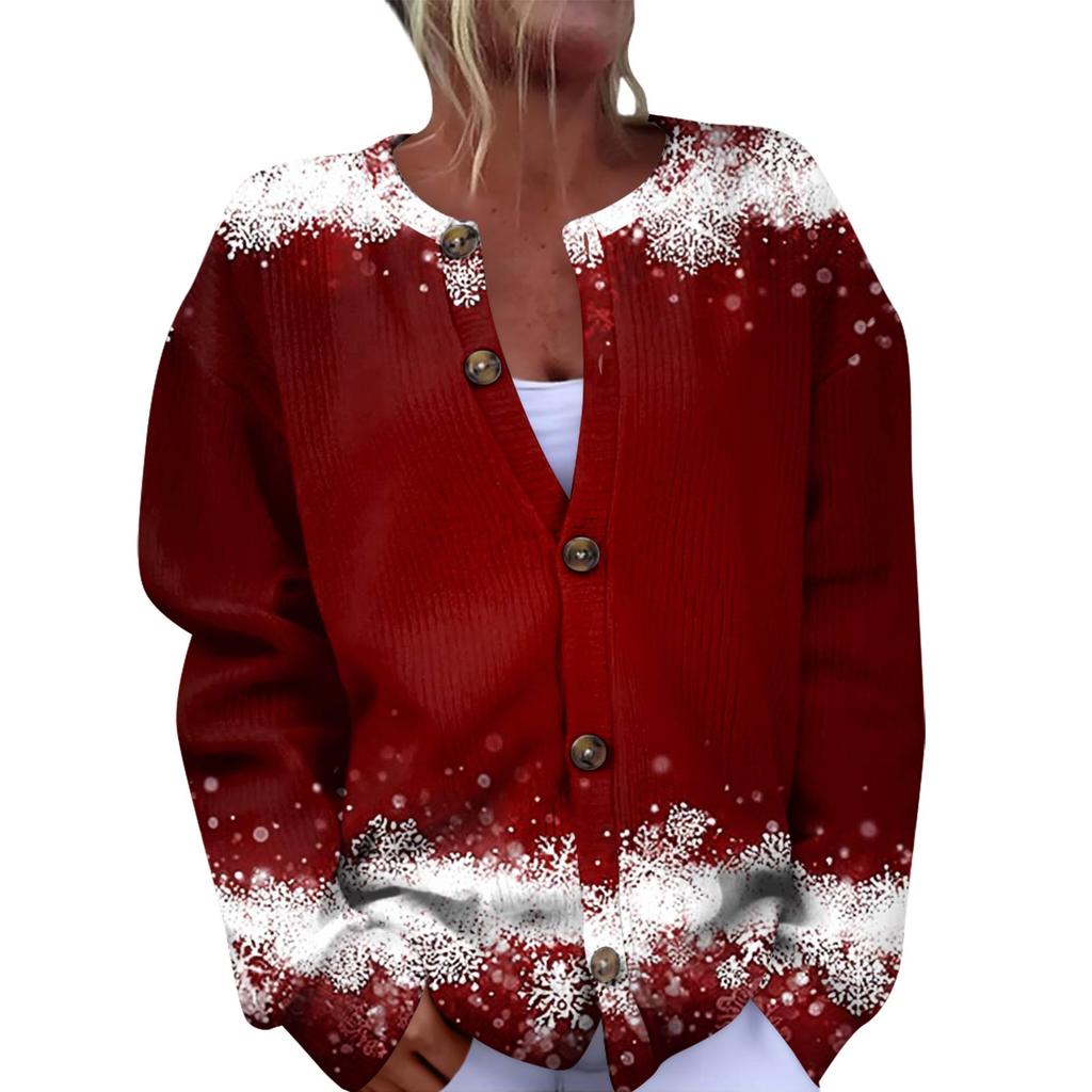 Sieviešu modes Ziemassvētku apdrukāta jaka ar garām piedurknēm, trikotāžas jaka ar pogu