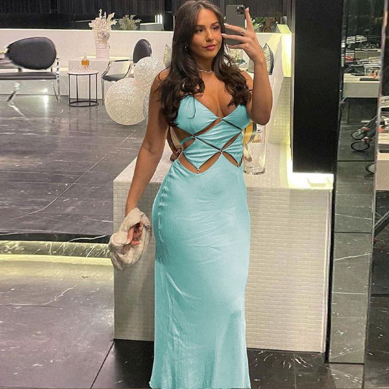 Solid Color Backless Suspender Dress Pure Color Slim Fit Backless Sling Dress