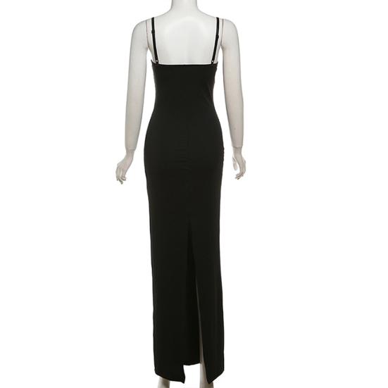Dames Cami Kant Bodycon Maxi Jurk Spaghettibandjes Mouwloos Split Lange Jurk Sexy Laag Uitgesneden Avondjurk voor Cocktailparty Nachtclubs