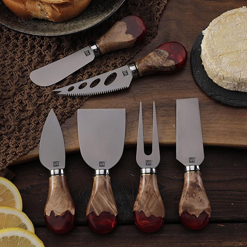 High-End Pure Titanium Cheese Knife Set with Red Resin Wood Handle