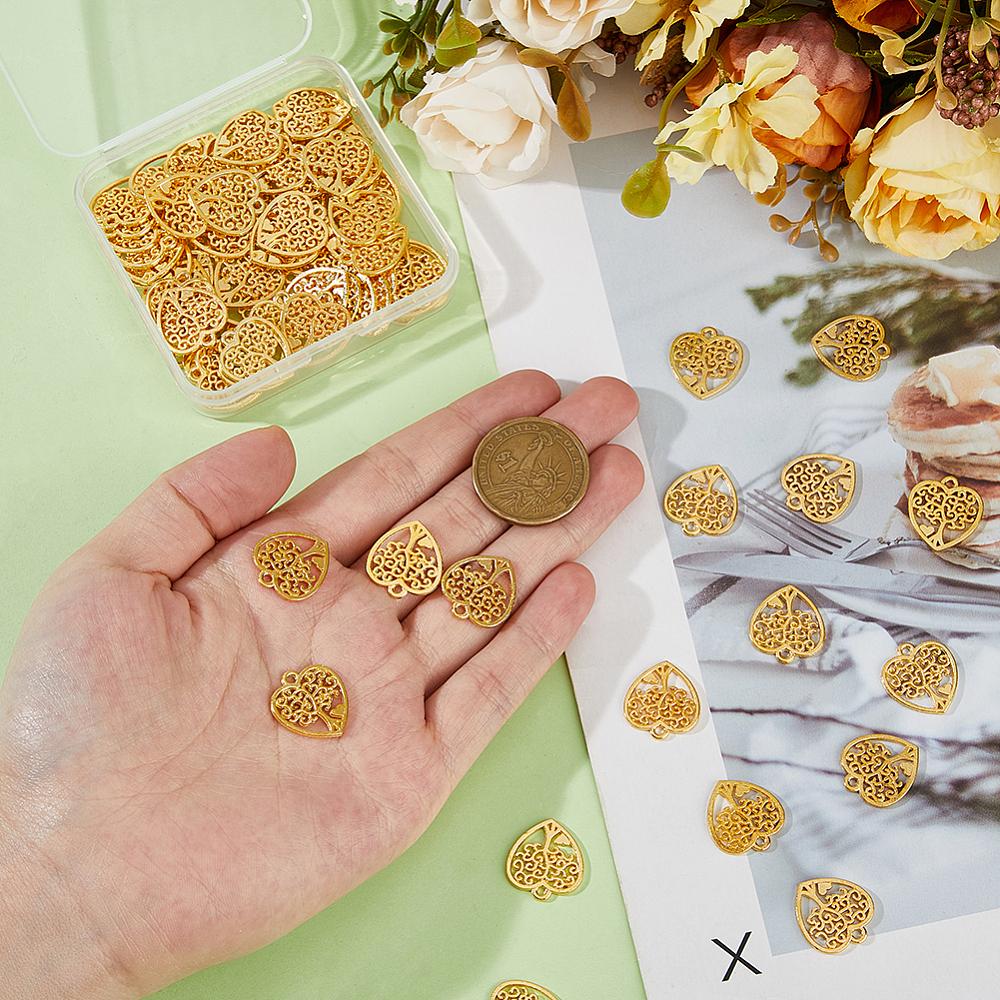 80Pcs Alloy Pendants Heart with Tree of Life Charms Golden 19x17x1mm