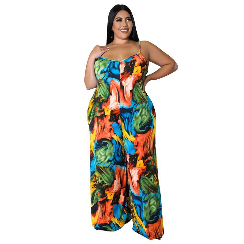 MY912 Plus Size Womens Sleeveless Printed Jumpsuit With Belt Soft Milk Silk Fabric 2025 Collection Straight Leg Sweet Gentle Style Casual Wear